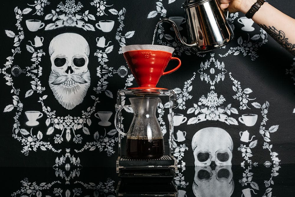 Pourover coffee being being made skull wallpaper